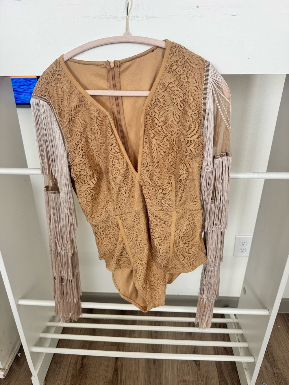 Source Unknown Tan Lace Fringe Bodysuit